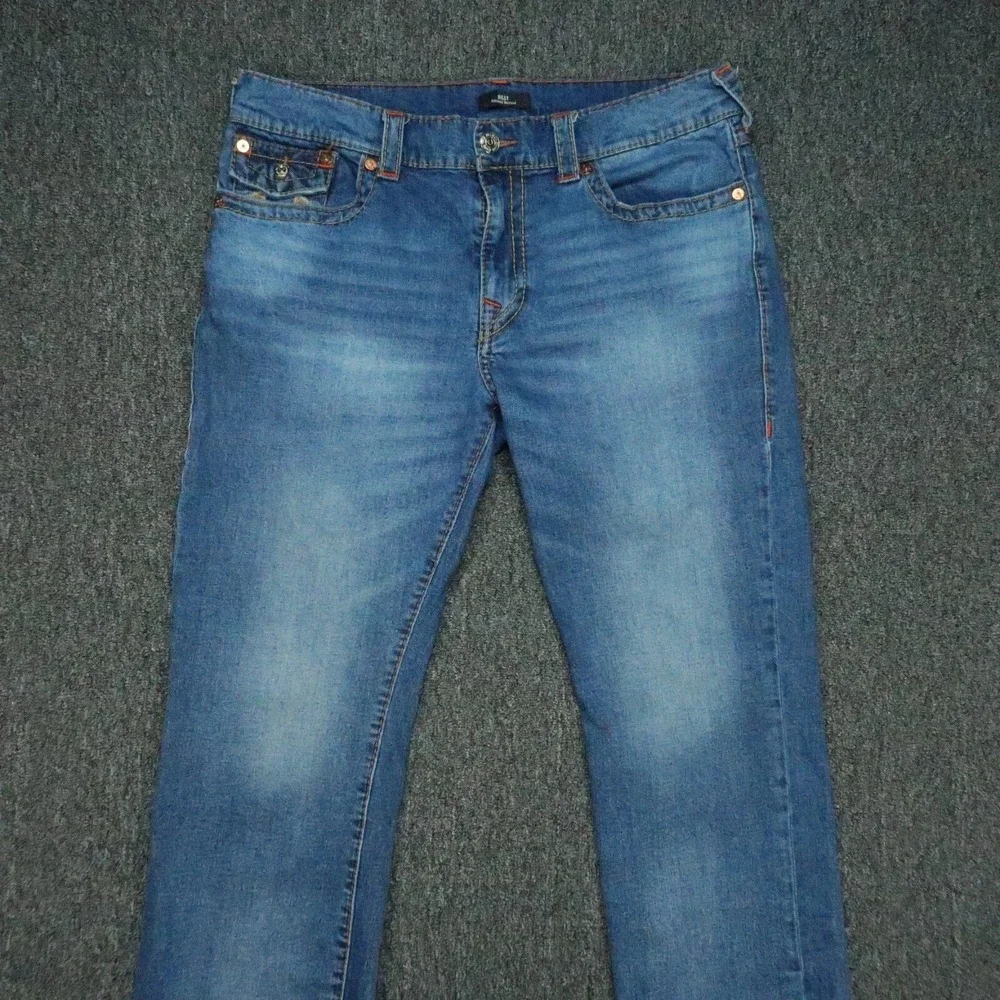 True Religion Jeans Mens 38x32 Blue Billy Relaxed Bootcut Big T  Flaps Denim